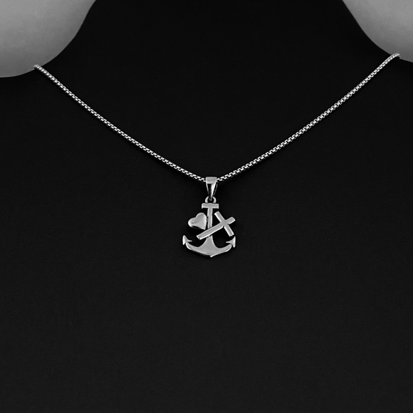 Sterling Silver Anchor W/ Heart and Cross Necklace, Silver Necklace - Picture 2 of 12